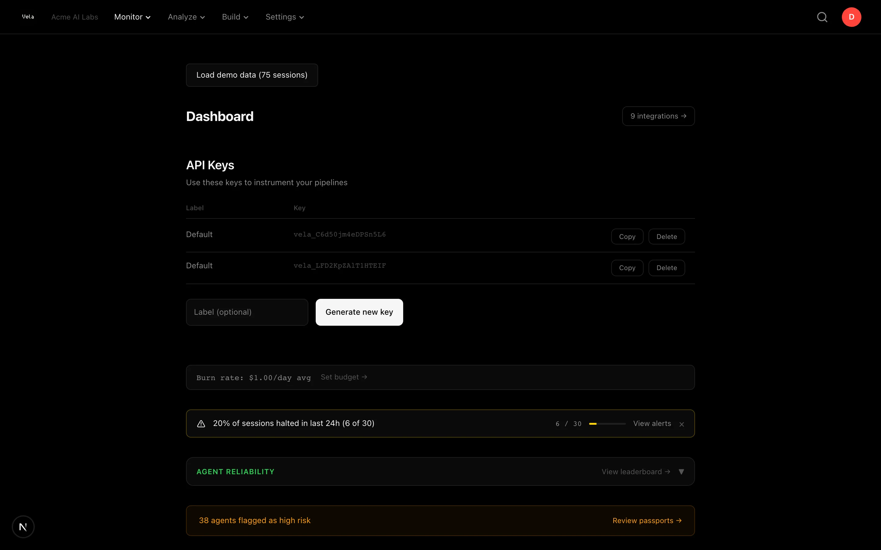 Dashboard showing sessions, burn rate, agent reliability, and NarrativeOS summaries