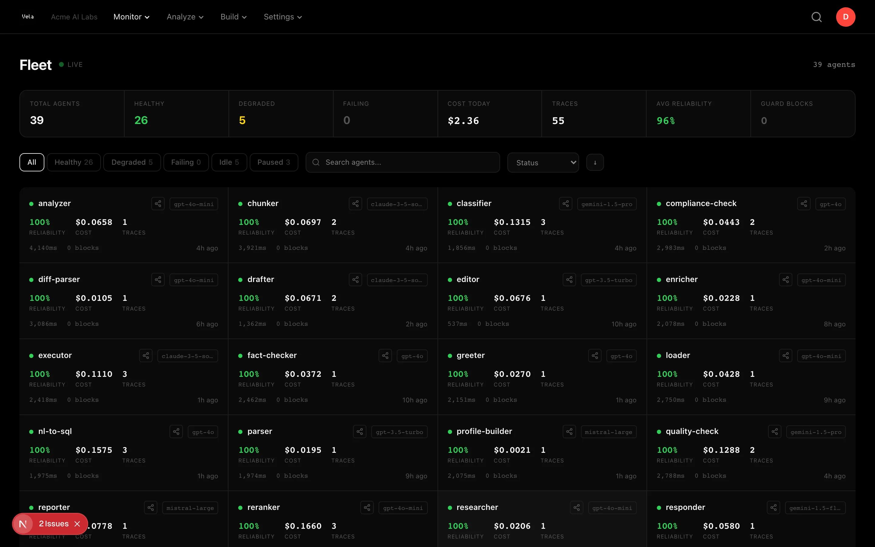 Fleet dashboard showing agent grid with status, cost, and reliability metrics