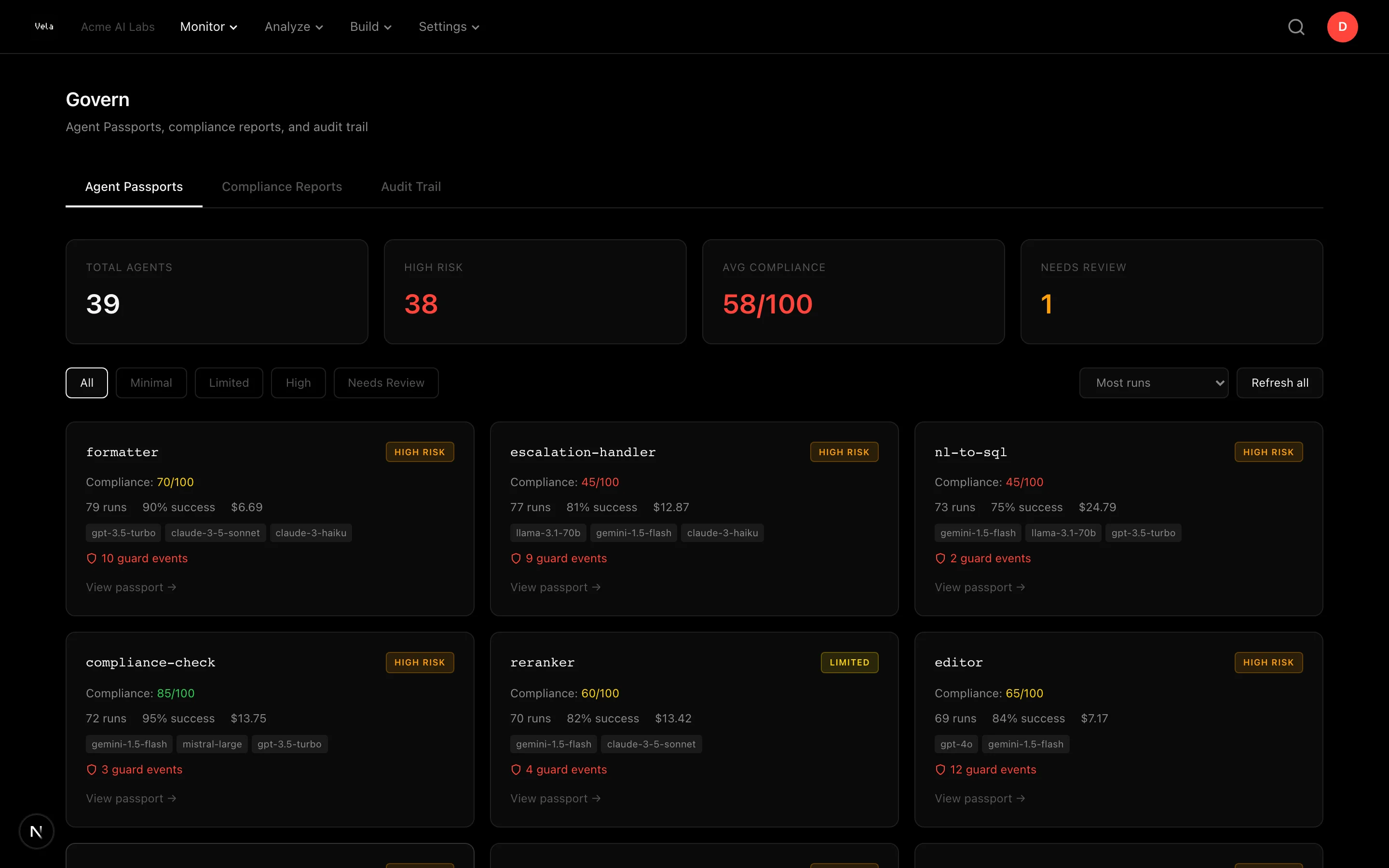 Governance page with agent passports, compliance scores, and audit trail
