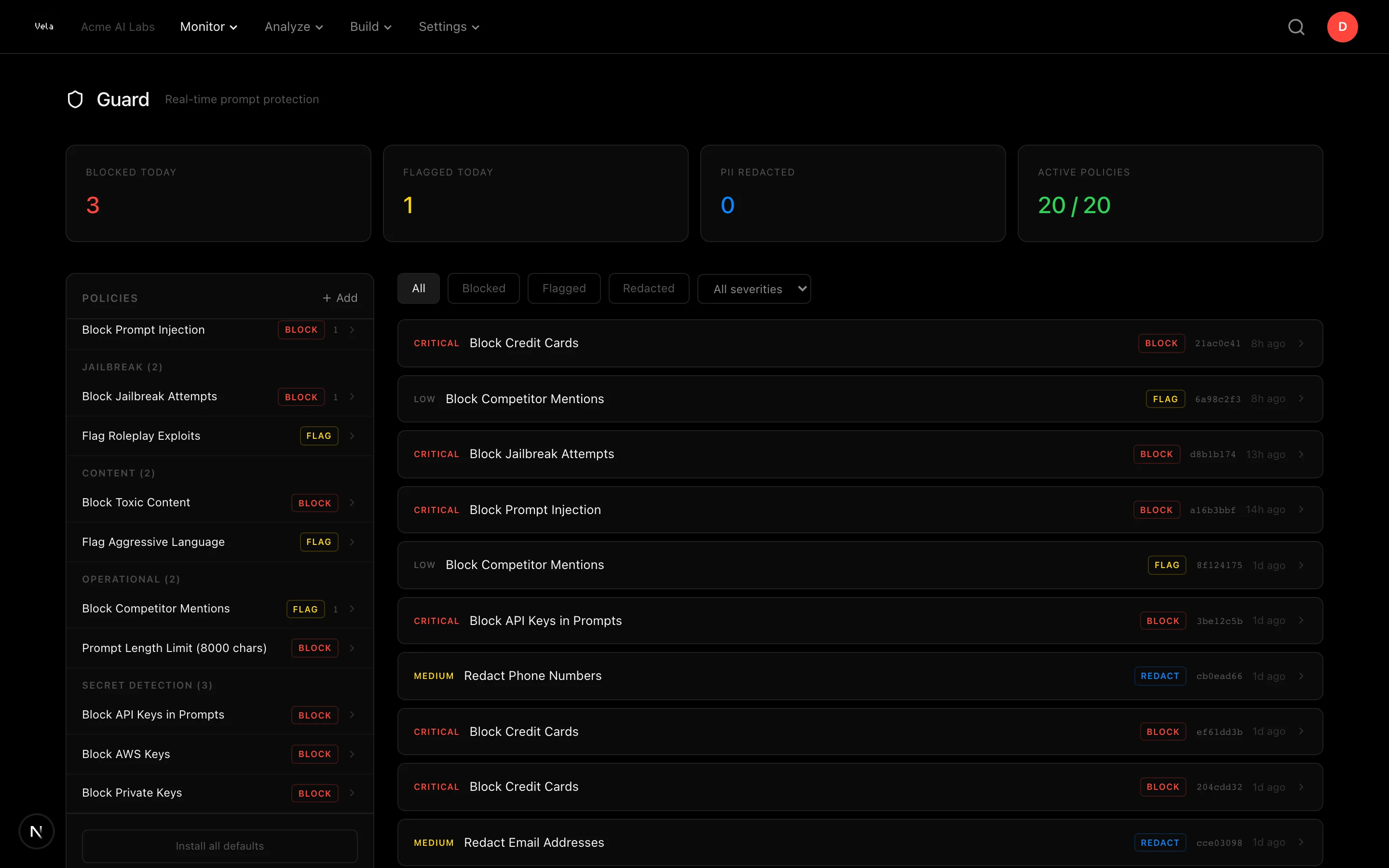 Guard page showing active security policies with block and redact actions