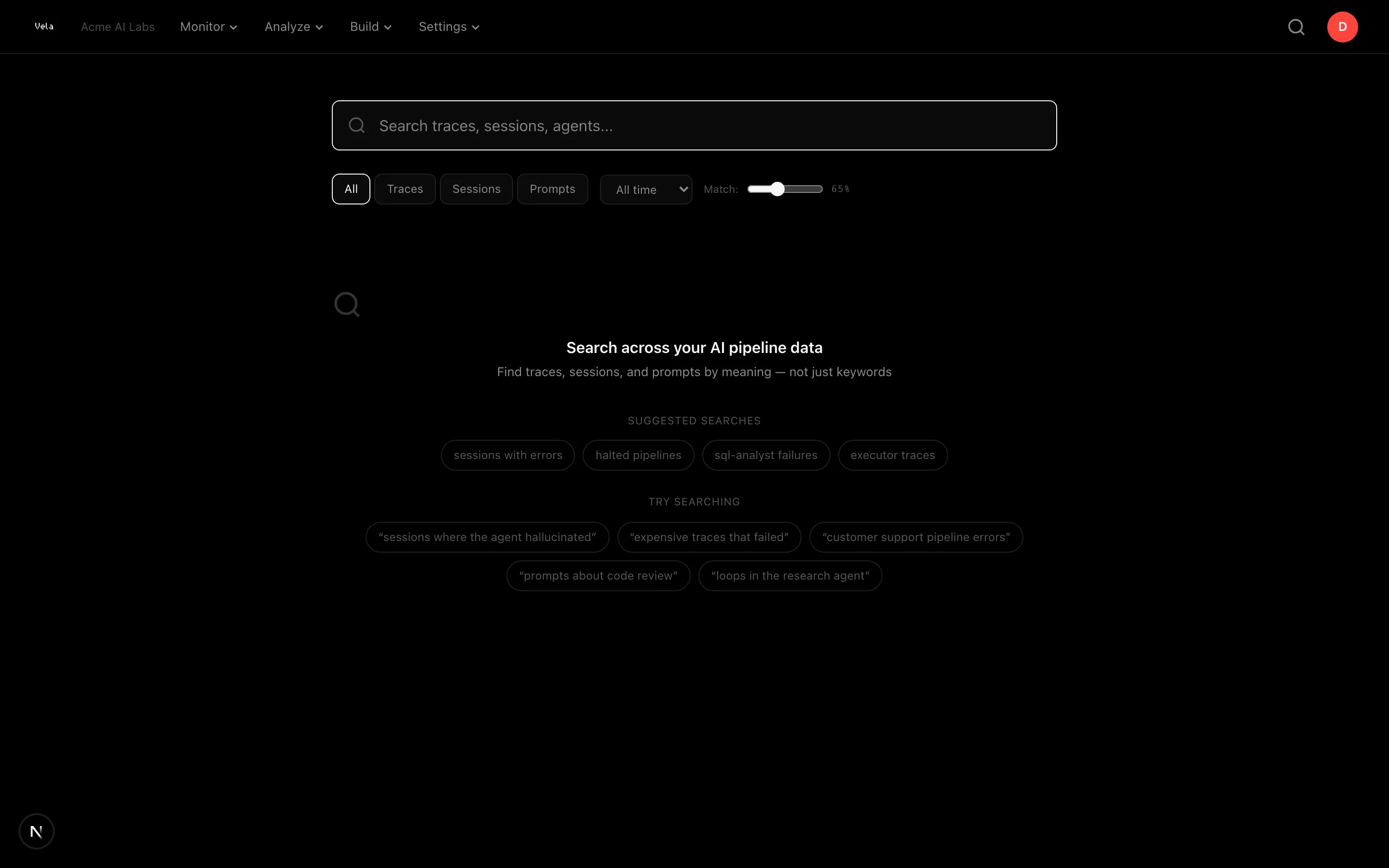 Semantic search page with query input, filters, and match strictness controls